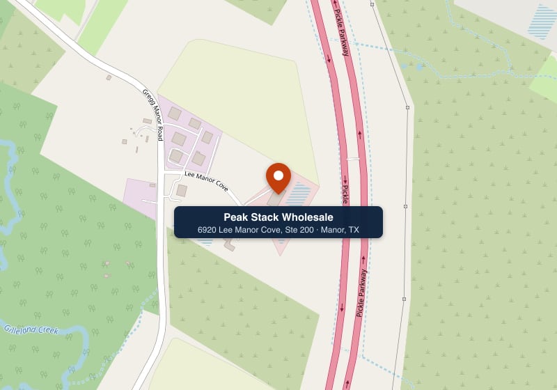 Map showing Peak Stack Wholesale at 6920 Lee Manor Cove, Manor, TX 78653