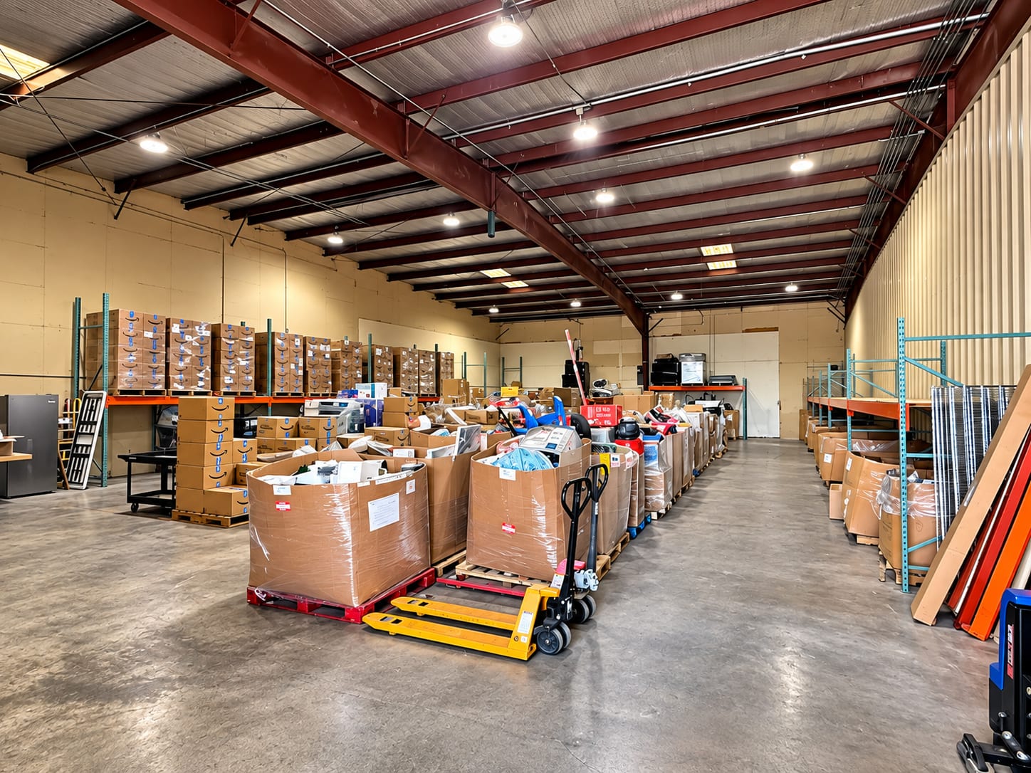 Pallets of liquidation merchandise lined up inside the Peak Stack Wholesale warehouse